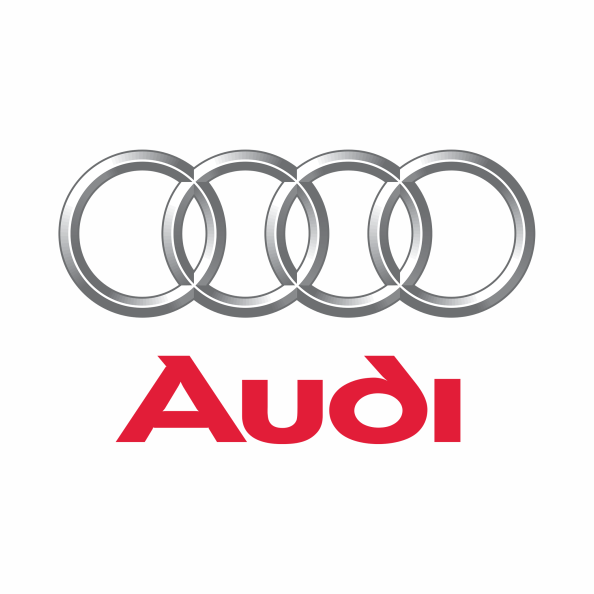 Logotipo de Audi con cuatro anillos plateados entrelazados y el nombre de la marca en color rojo.