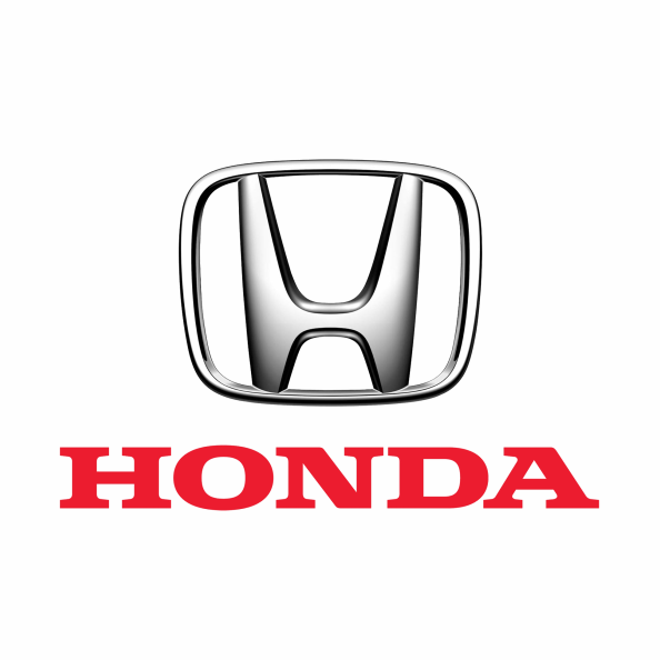 Logotipo de Honda con una "H" plateada estilizada y el nombre de la marca en letras rojas.