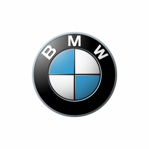 Logotipo de BMW circular con los colores azul y blanco en el centro y el nombre de la marca en el borde negro.