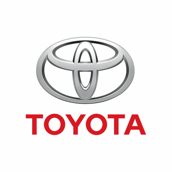 Logotipo de Toyota con un emblema ovalado plateado y el nombre de la marca en letras rojas.