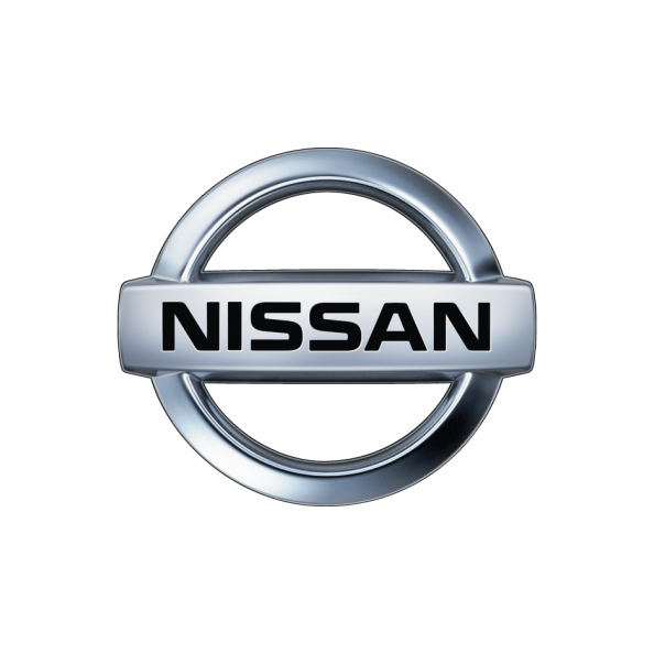 Logotipo de la marca Nissan, compuesto por un círculo plateado con una barra horizontal en el centro, donde se encuentra inscrito el nombre "NISSAN" en letras negras.