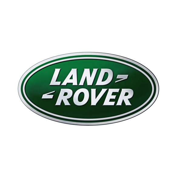 Logotipo de la marca Land Rover, con forma ovalada y fondo verde, mostrando las palabras "LAND" y "ROVER" en letras blancas y en mayúsculas, separadas por dos flechas inclinadas.