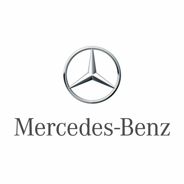 Logotipo de Mercedes-Benz con una estrella plateada de tres puntas dentro de un círculo y el nombre de la marca debajo.