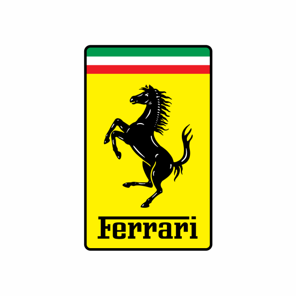 Logotipo de Ferrari con un caballo negro sobre fondo amarillo y una franja superior con los colores de la bandera italiana.