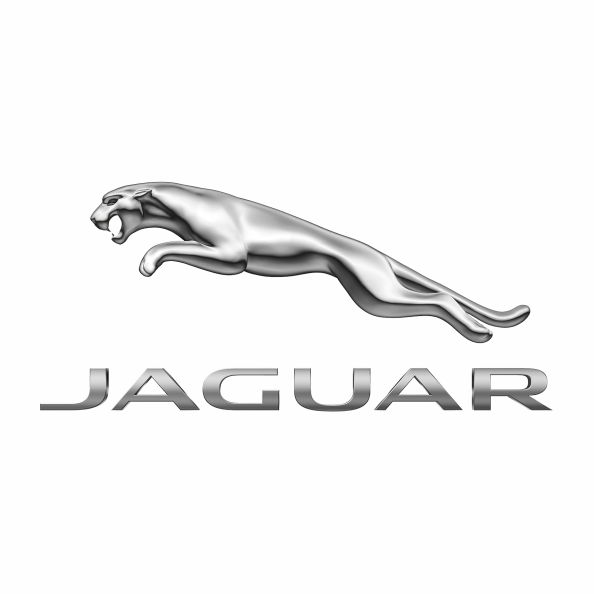 Logotipo de la marca Jaguar, mostrando una figura estilizada en plata de un jaguar saltando, acompañada del nombre "JAGUAR" en letras mayúsculas y plateadas.