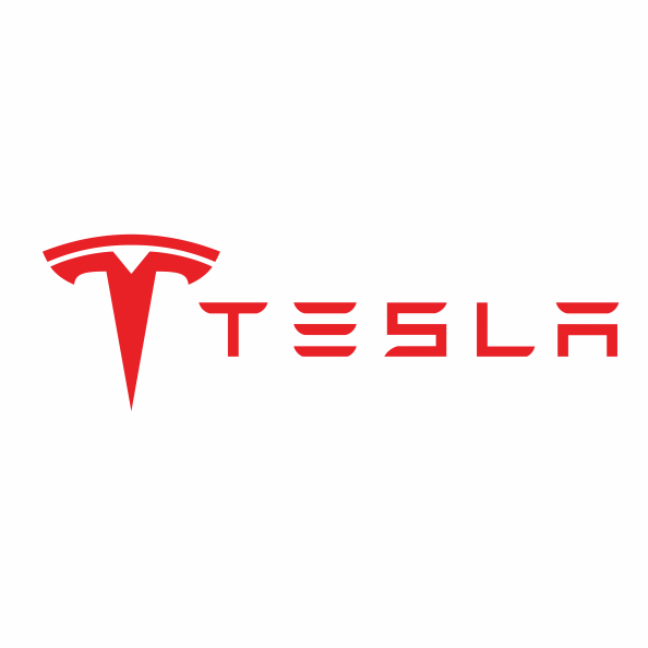 Logotipo de Tesla en color rojo, con una "T" estilizada y el nombre de la marca en una fuente moderna.