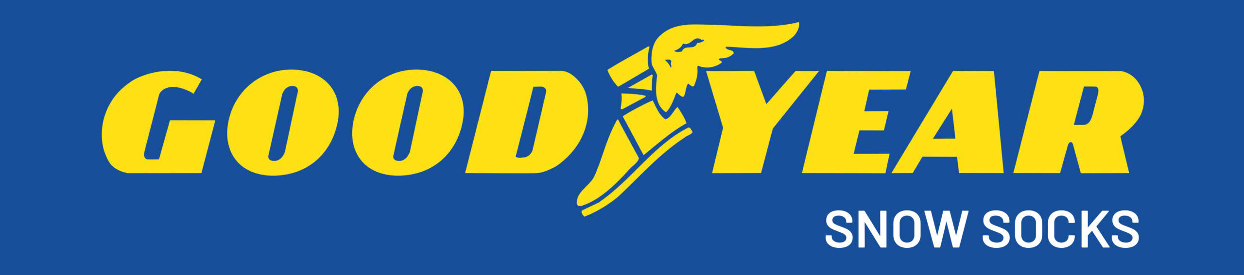 Logotipo de Goodyear con el texto "Snow Socks" sobre fondo azul.